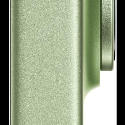 Lado de smartphone verde metálico com duas lentes de câmara e um botão lateral