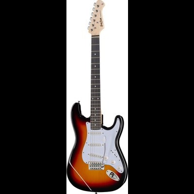 Guitarra elétrica sunburst com três captadores e ponte tremolo