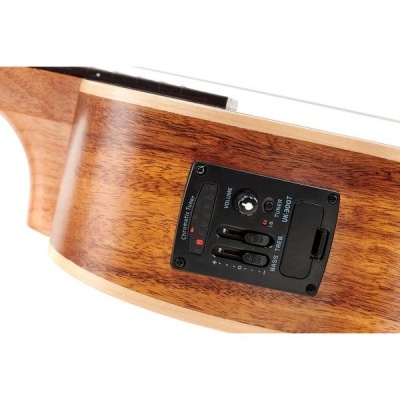 Guitarra ou ukulele eletrificado em madeira com controlo eletrónico preto na lateral