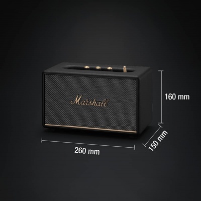 Coluna de som Marshall preta com botões dourados e textura de couro