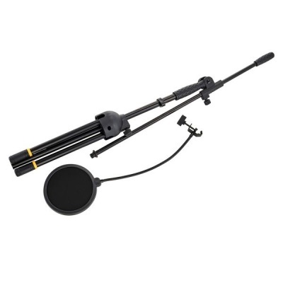 Suporte tripé para microfone preto com filtro anti-pop redondo
