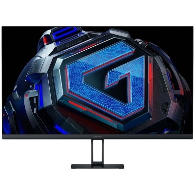 Monitor plano com suporte metálico e imagem digital azul e vermelha