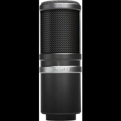 Microfone preto com grelha em malha metálica e anel prateado com texto Apex Pro X