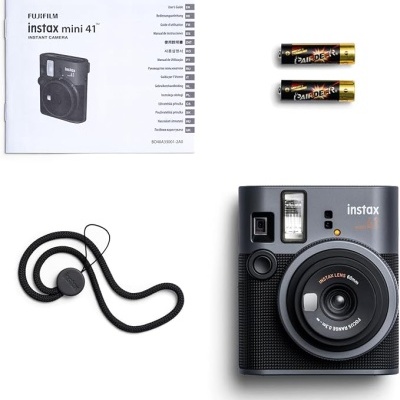 Câmara instantânea Fujifilm Instax Mini 41, pilhas, cordão e manual.