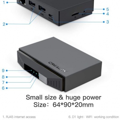 Dois dispositivos eletrónicos pequenos pretos com várias portas e LEDs da marca CREALITY