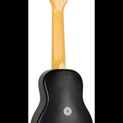 Contrabaixo acústico elétrico vista traseira com corpo preto e braço de madeira clara