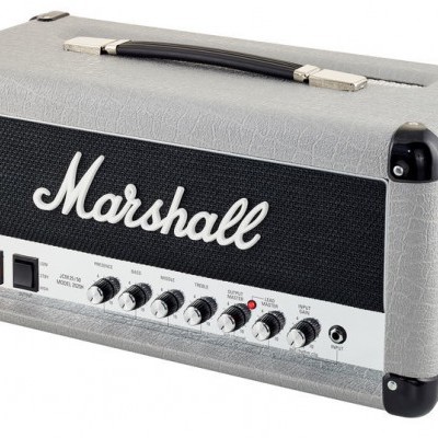 Cabeça de amplificador Marshall cinza com painel preto e botões de controlo.