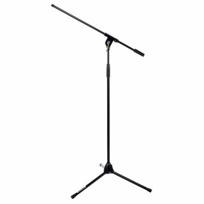 Suporte de microfone preto em metal com tripé, fundo branco