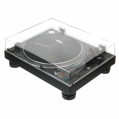 Prato giratório preto com tampa transparente e texto 'audio-technica'