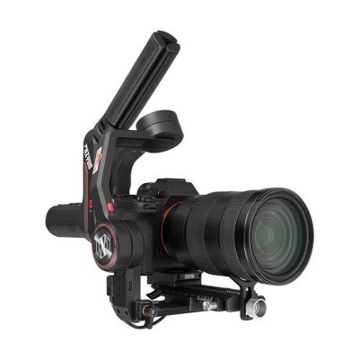 Câmara fotográfica com lente grande e estabilizador manual preto