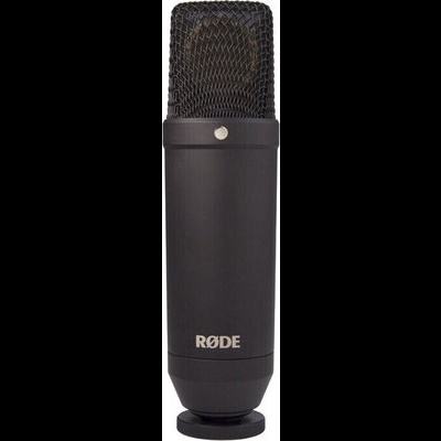 Microfone condensador RØDE preto com grelha metálica e corpo cilíndrico