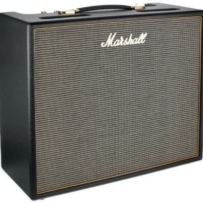 Coluna amplificadora Marshall preta com grelha cinzenta e logo branco