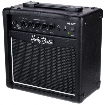 Amplificador de guitarra preto Harley Benton HB-10G com botões de controlo na parte frontal