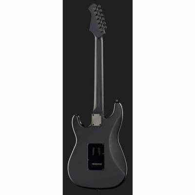Guitarra elétrica preta vista de trás com acabamento mate e tarraxas pretas