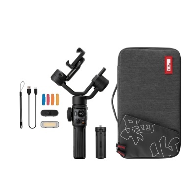 Gimbal estabilizador preto com acessórios e bolsa cinza escuro ZHIYUN