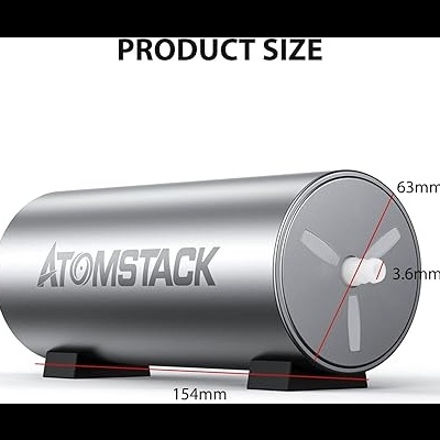 Recipiente cilíndrico metálico prateado com texto ATOMSTACK e medidas