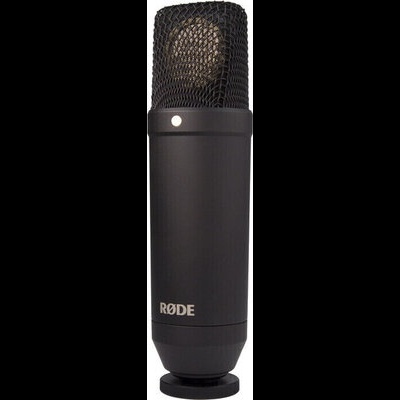 Microfone preto RØDE com grelha metálica preta e corpo cilíndrico fosco