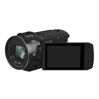 Câmara de vídeo preta com zoom 48x e ecrã LCD aberto