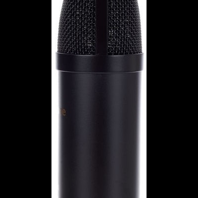 Microfone profissional preto com grade metálica e corpo cilíndrico