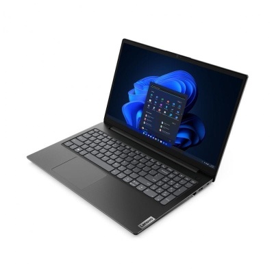 Portátil Lenovo cinza escuro com teclado QWERTY e ecrã ligado mostrando Windows 11