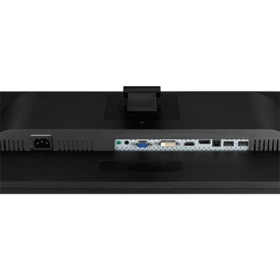 Parte traseira de monitor preto com várias portas e base preta