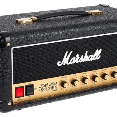 Cabeça de amplificador Marshall preto e dourado com botões e punho
