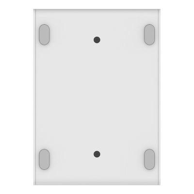 Placa branca retangular com suportes cinzentos e pontos pretos