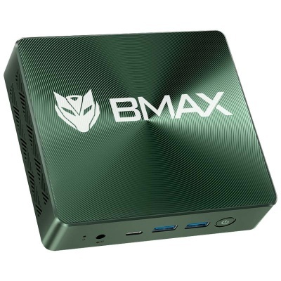 Computador miniatura verde metálico com padrão circular e logotipo BMAX na tampa