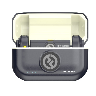 Estojo de carregamento preto para drones HOLLYLAND com tampa transparente e luzes indicadoras.