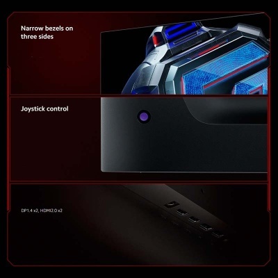 Monitor preto com molduras estreitas, controle joystick e portas de conexão