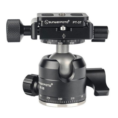 Cabeça de tripé preta e cinzenta com marca SUNWAYFOTO e modelos PT-37 e YB-28