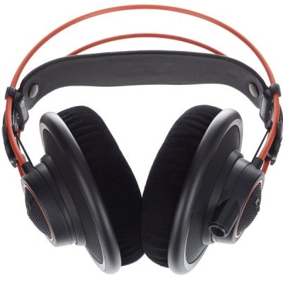 Auscultadores negros com almofadas de veludo e estrutura vermelha