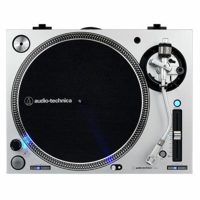 Toca-discos Audio-Technica cinza prateado com prato preto e braço branco