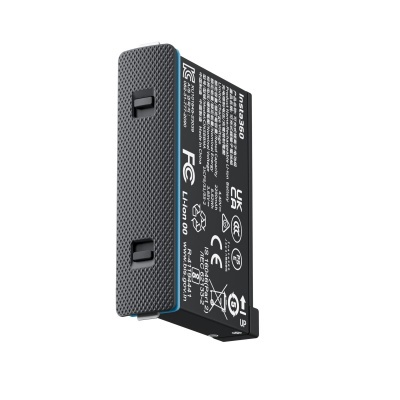 Bateria preta Insta360 com texto técnico e símbolos de certificação