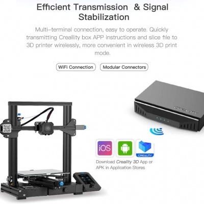 Impressora 3D preta com caixa preta para conexão WiFi e ícones de apps