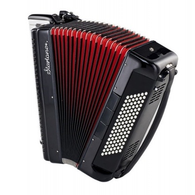 Acordeão de botão preto e vermelho com botões brancos e texto SZABONEX