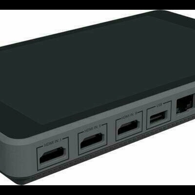 Dispositivo eletrônico preto com várias portas HDMI e Ethernet