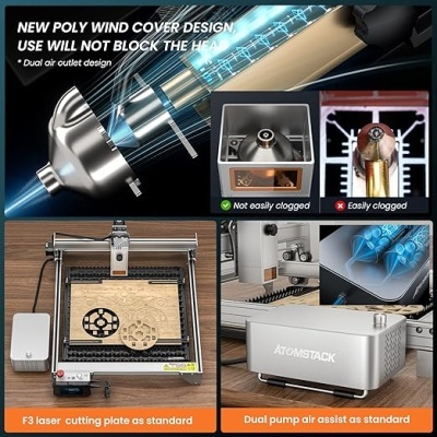 Equipamento de corte a laser e máquina ATOMSTACK com detalhes do design do sistema de ar e ambiente de trabalho