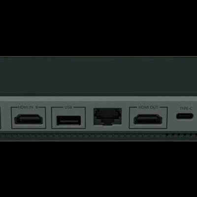 Dispositivo eletrônico retangular cinza escuro com várias portas e conexões