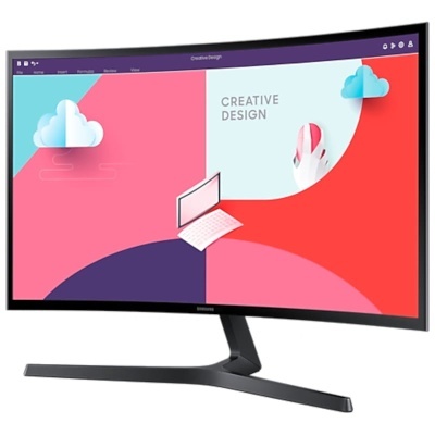 Monitor curvo preto com imagem colorida e texto CREATIVE DESIGN
