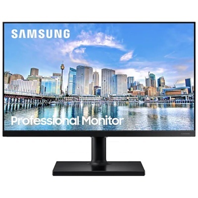 Monitor profissional Samsung preto com imagem de cidade no ecrã