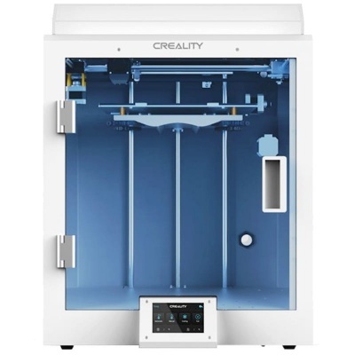 Impressora 3D CREALITY branca com porta transparente azul e ecrã tátil frontal