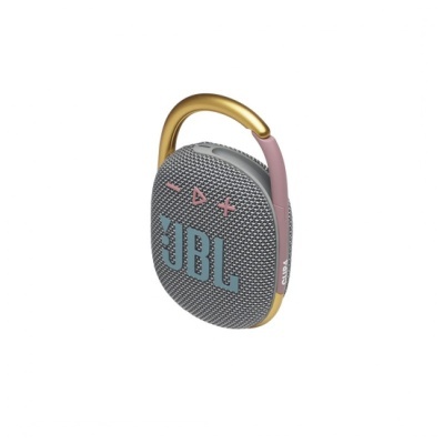 Coluna portátil JBL oval cinzenta com botões cor-de-rosa e mosquetão dourado