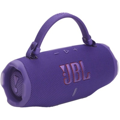 Coluna portátil roxa JBL com alça e textura em rede