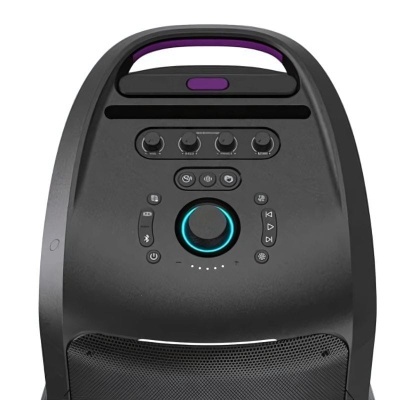 coluna de som portátil preta com painel de controlo e luz azul