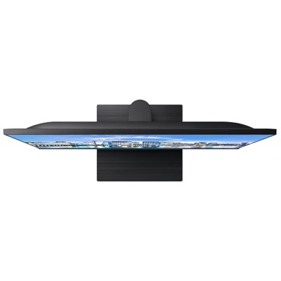 Monitor preto visto de cima com base retangular.