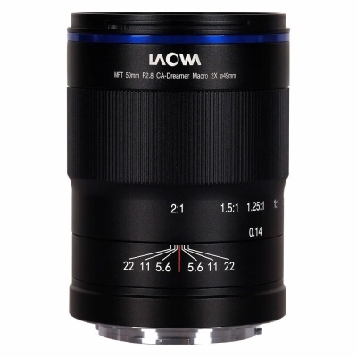 Objetiva fotográfica LAOWA MFT 50mm F2.8 CA-Dreamer Macro 2X preta em fundo branco