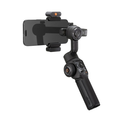 Gimbal estabilizador de smartphone preto com telemóvel montado