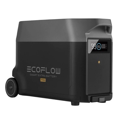 Bateria portátil ECOFLOW preto e cinza com ecrã digital e uma roda