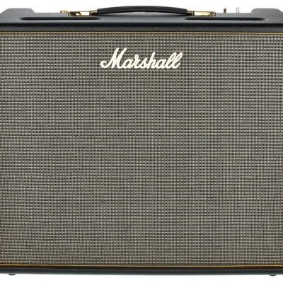 Amplificador Marshall preto com grelha cinzenta e logótipo branco